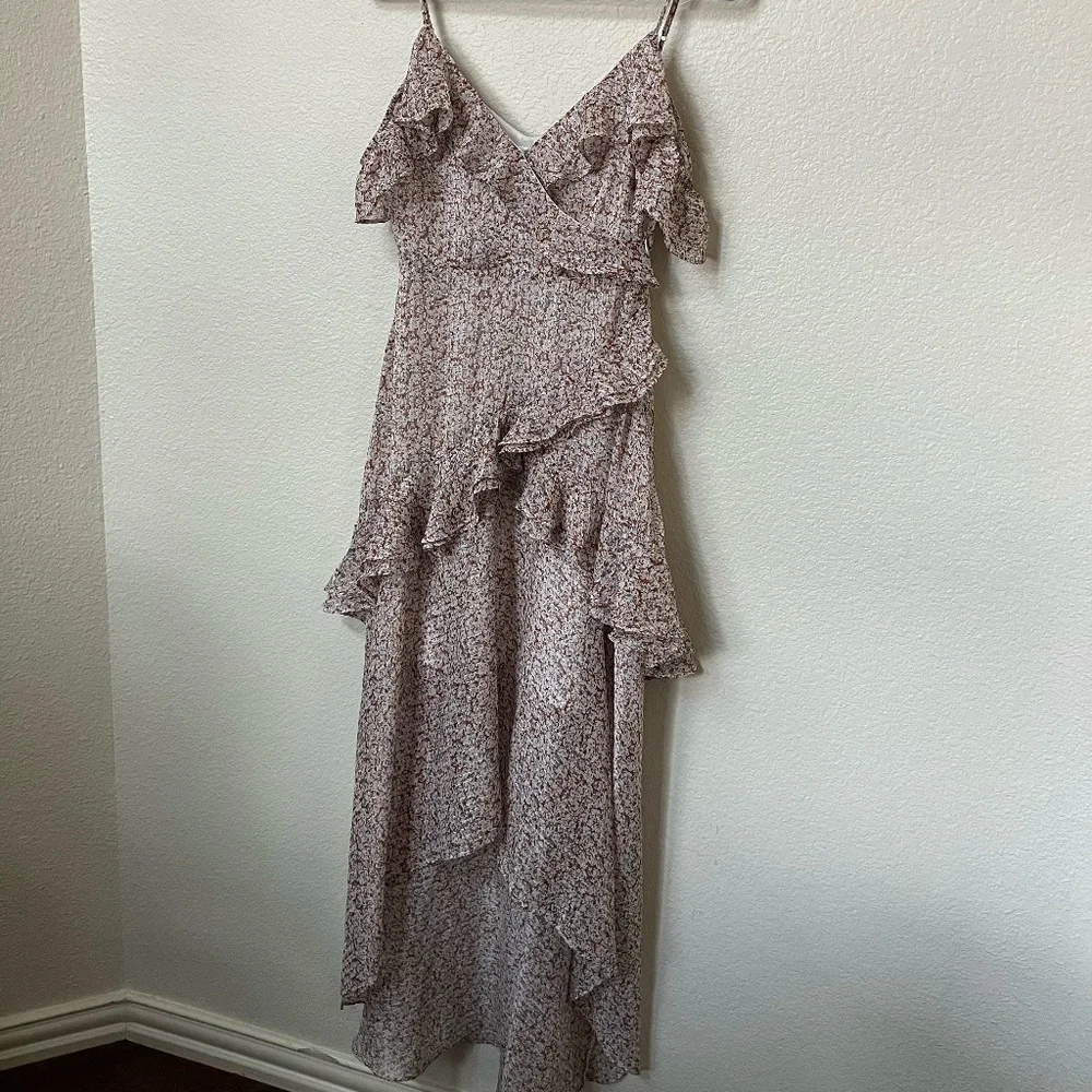 FLORET STUDIOS | Cold Shoulder Asymmetric Ruffle Dress In Rust-Cream | Size XS